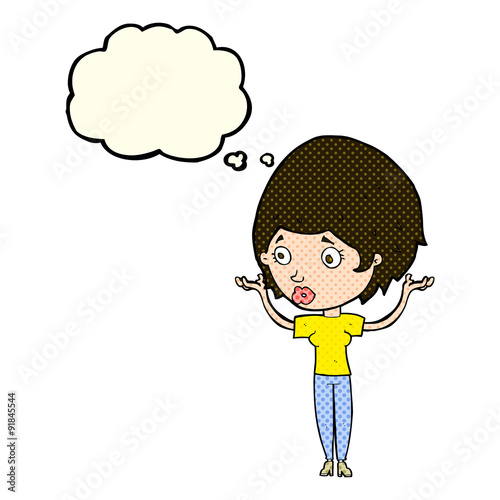 cartoon woman raising hands in air with thought bubble