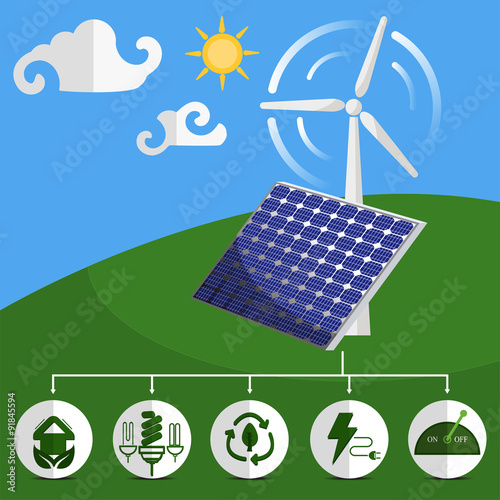 Solar energy panels and wind turbine with energy icon
