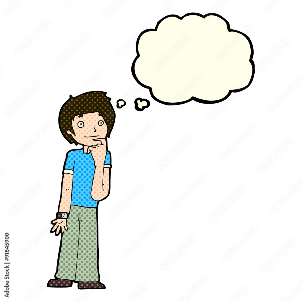 cartoon boy wondering with thought bubble cartoon boy wondering with thought bubble