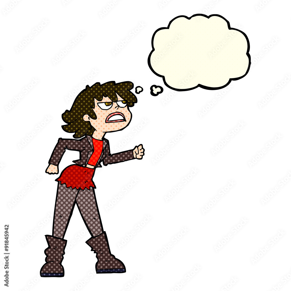 Fototapeta premium cartoon angry biker girl with thought bubble