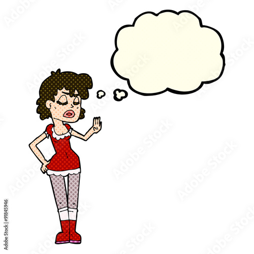 cartoon woman making dismissive gesture with thought bubble