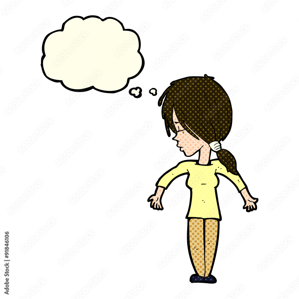 cartoon woman shrugging shoulders with thought bubble cartoon woman shrugging shoulders with thought bubble
