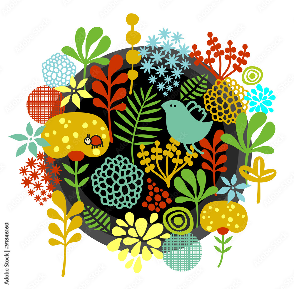 Floral label with birds and bugs.