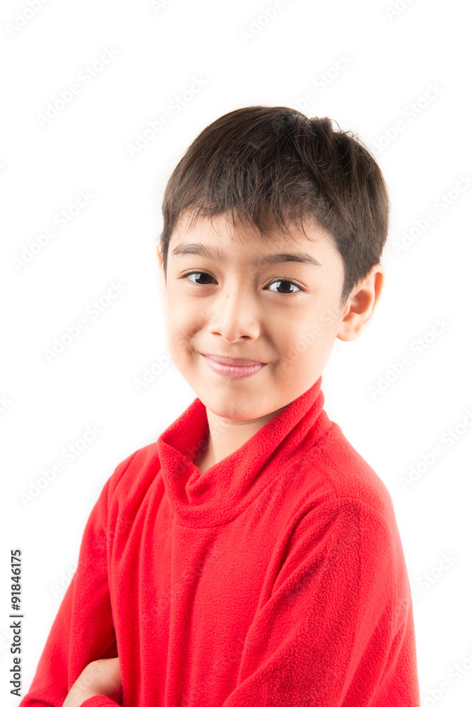 Little boy portrait close up face with long john cloth on white background Little boy portrait close up face with long john cloth on white background