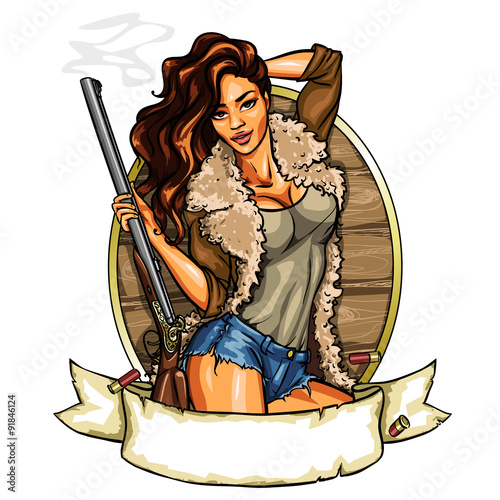 Hunting label with pretty woman holding shot gun