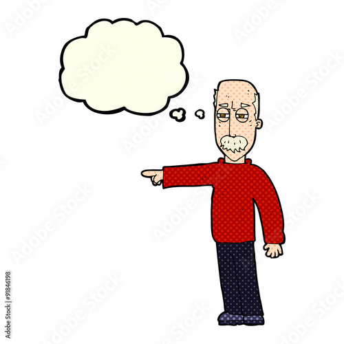 cartoon old man gesturing Get Out! with thought bubble