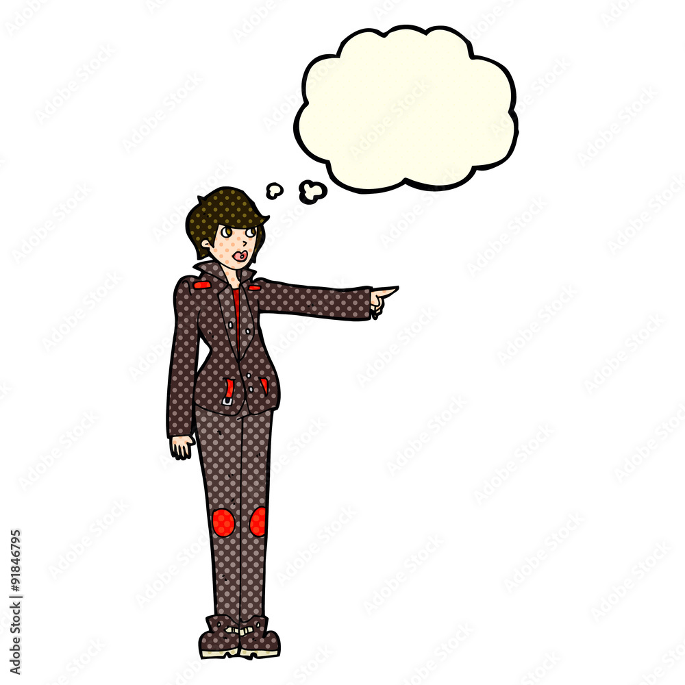 cartoon woman in leather jacket pointing with thought bubble cartoon woman in leather jacket pointing with thought bubble