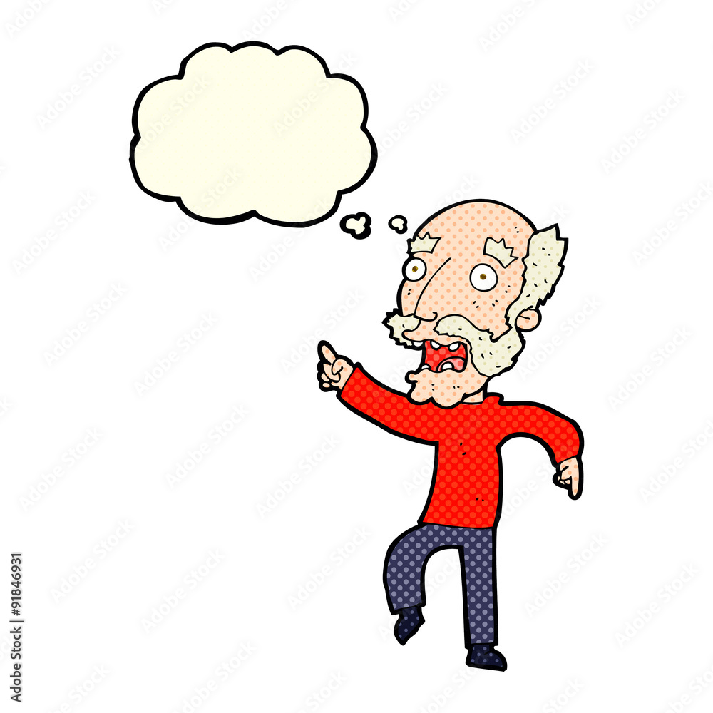 cartoon frightened old man with thought bubble
