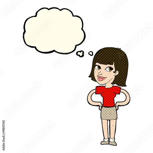 cartoon happy woman with hands on hips with thought bubble