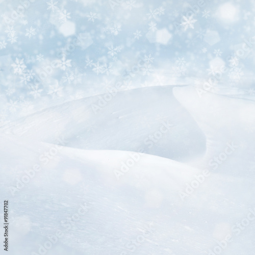 Abstract snow texture detail background with place for text. Added blurry snowflake and bokeh. Selective focus used.