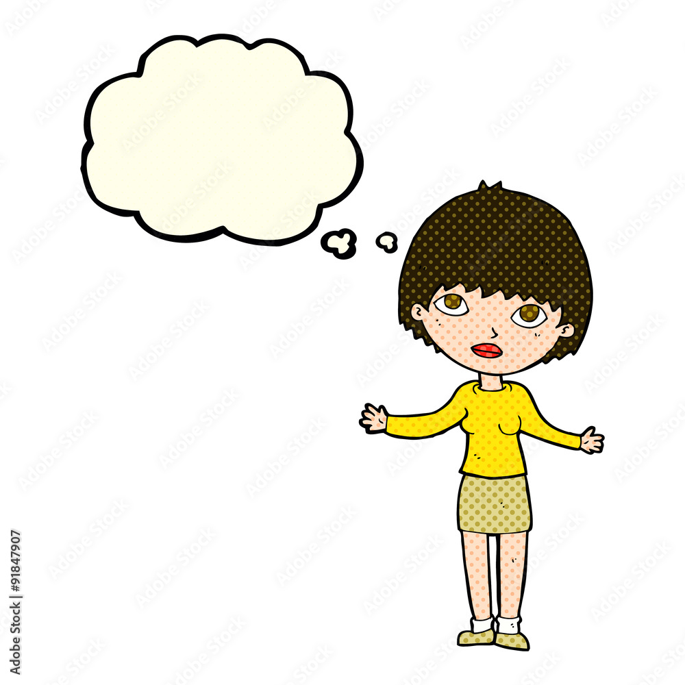 cartoon woman shrugging with thought bubble cartoon woman shrugging with thought bubble