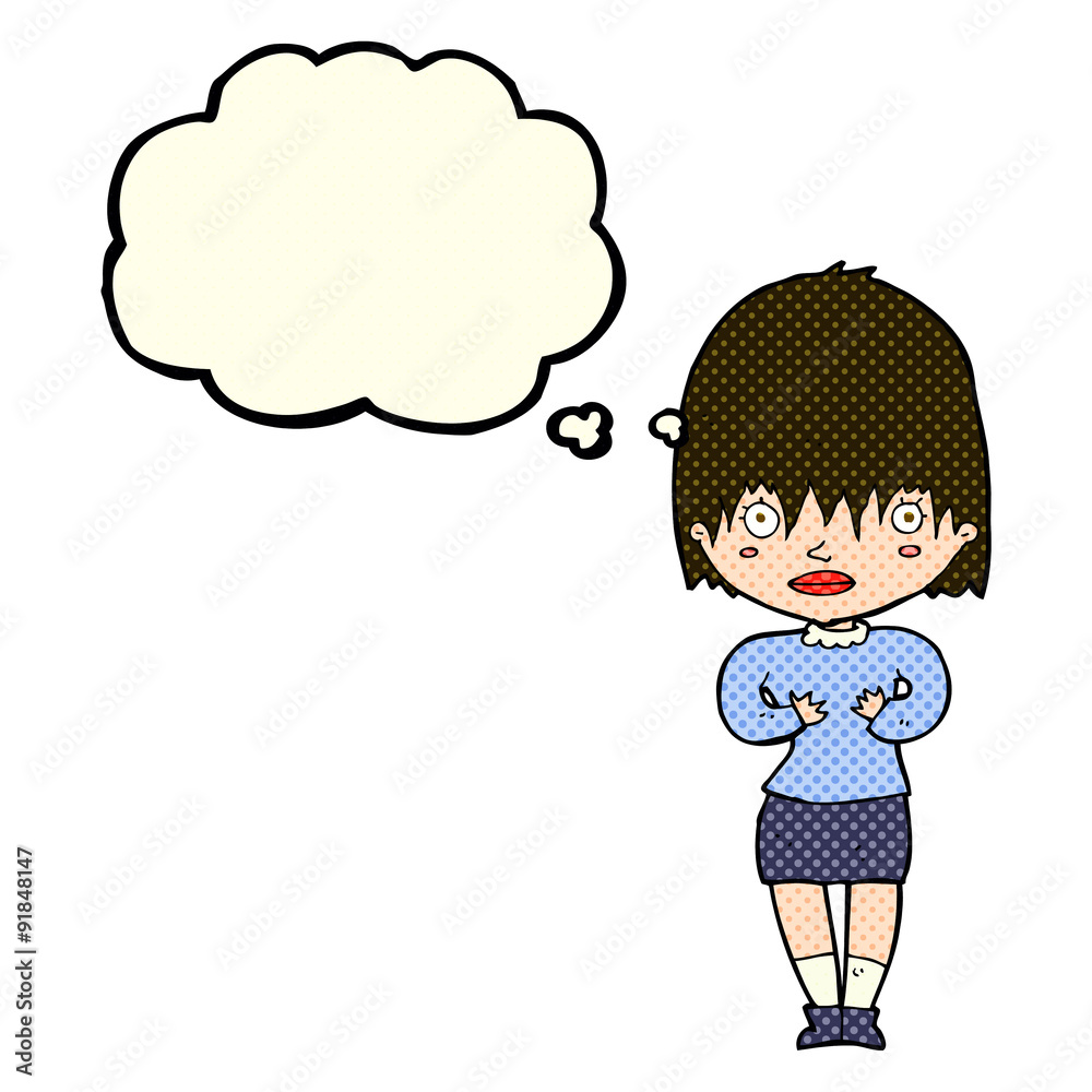 cartoon woman making Who Me? gesture with thought bubble cartoon woman making Who Me? gesture with thought bubble