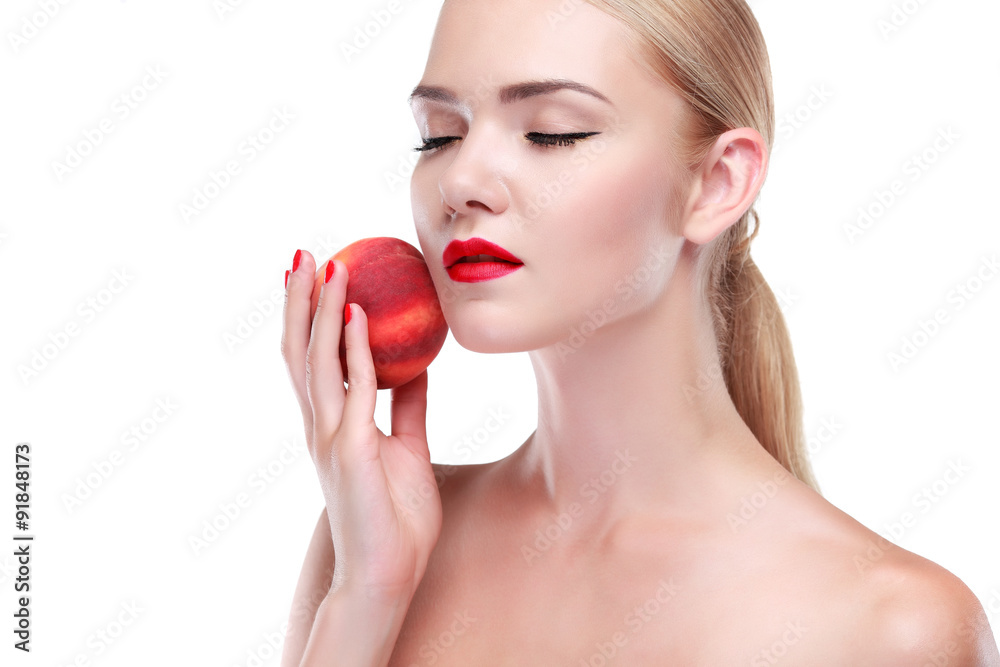 young white-headed girl with fruit isolated on a white background young white-headed girl with fruit isolated on a white background