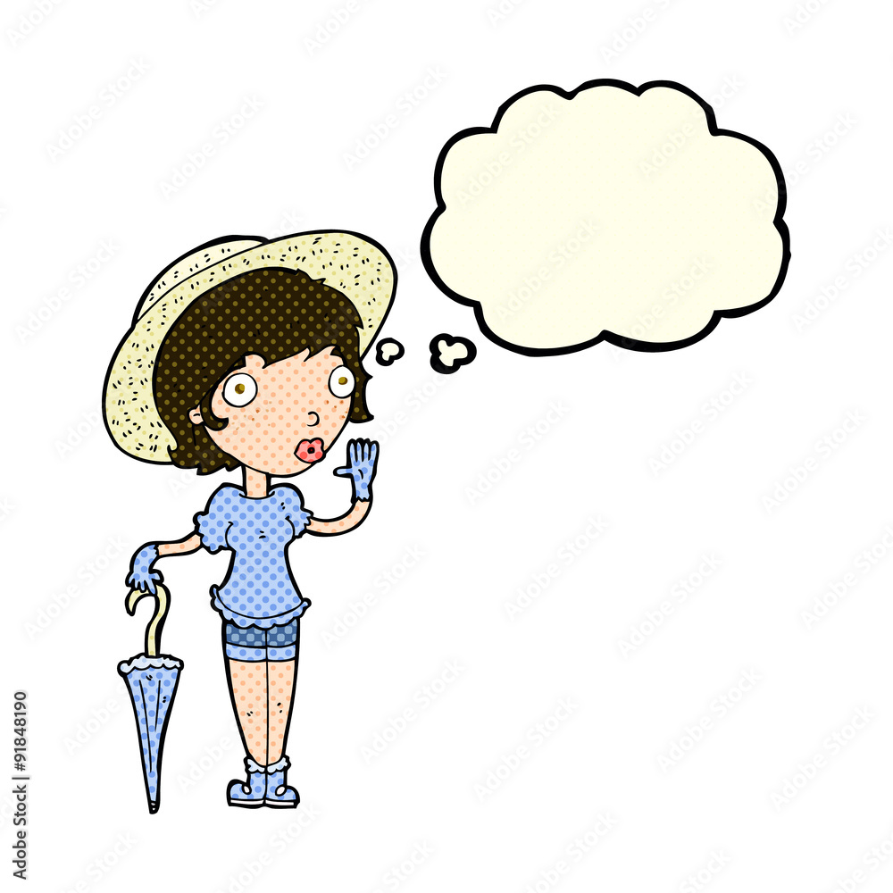 cartoon woman in summer hat waving with thought bubble cartoon woman in summer hat waving with thought bubble