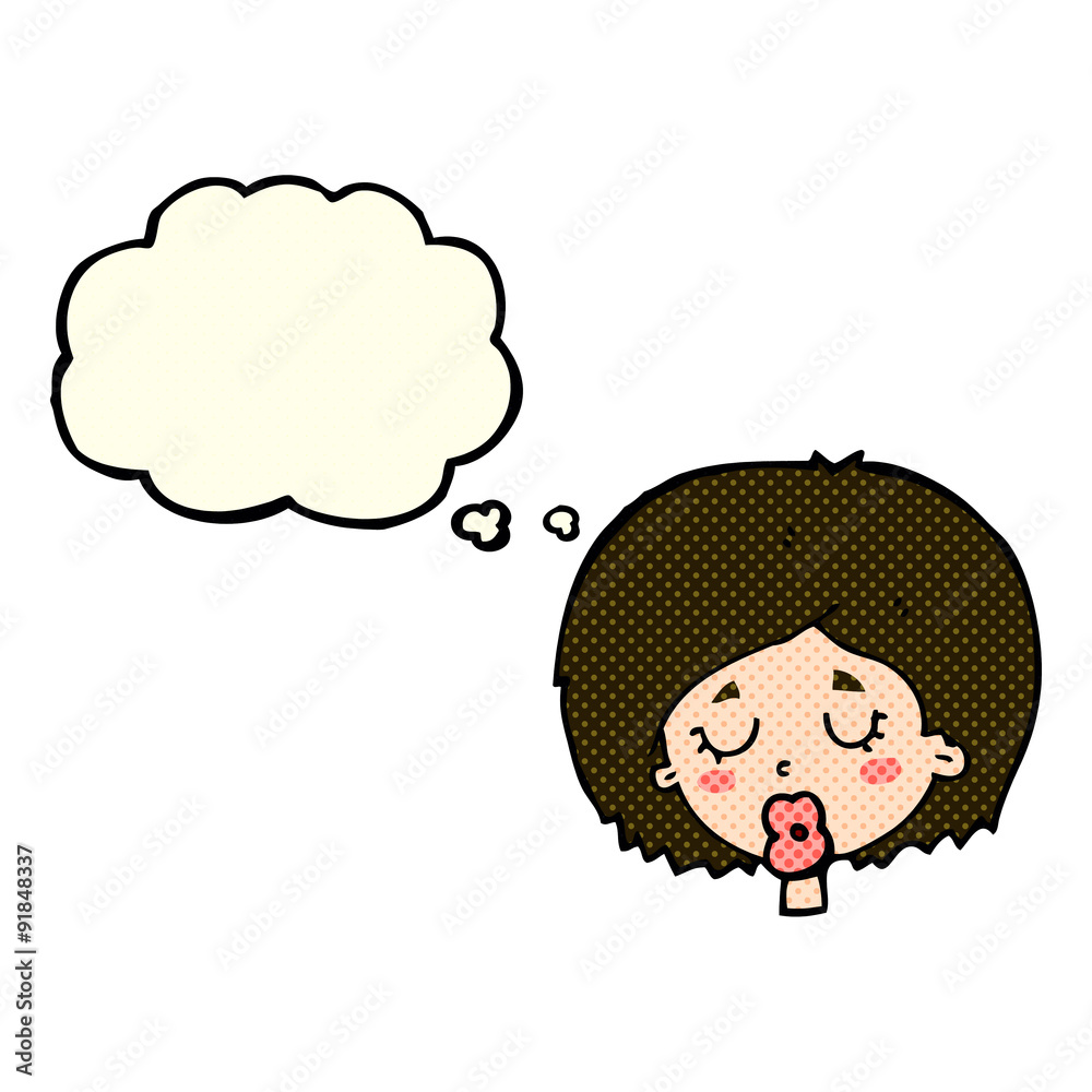 cartoon woman with eyes closed with thought bubble cartoon woman with eyes closed with thought bubble