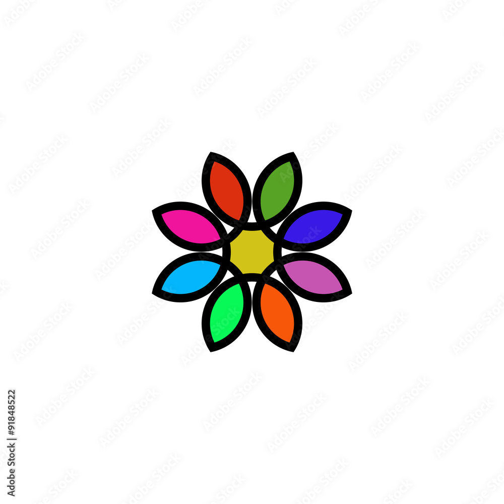 Colorful floral logo design, flower painted in rainbow colors, layout prints for T-shirts