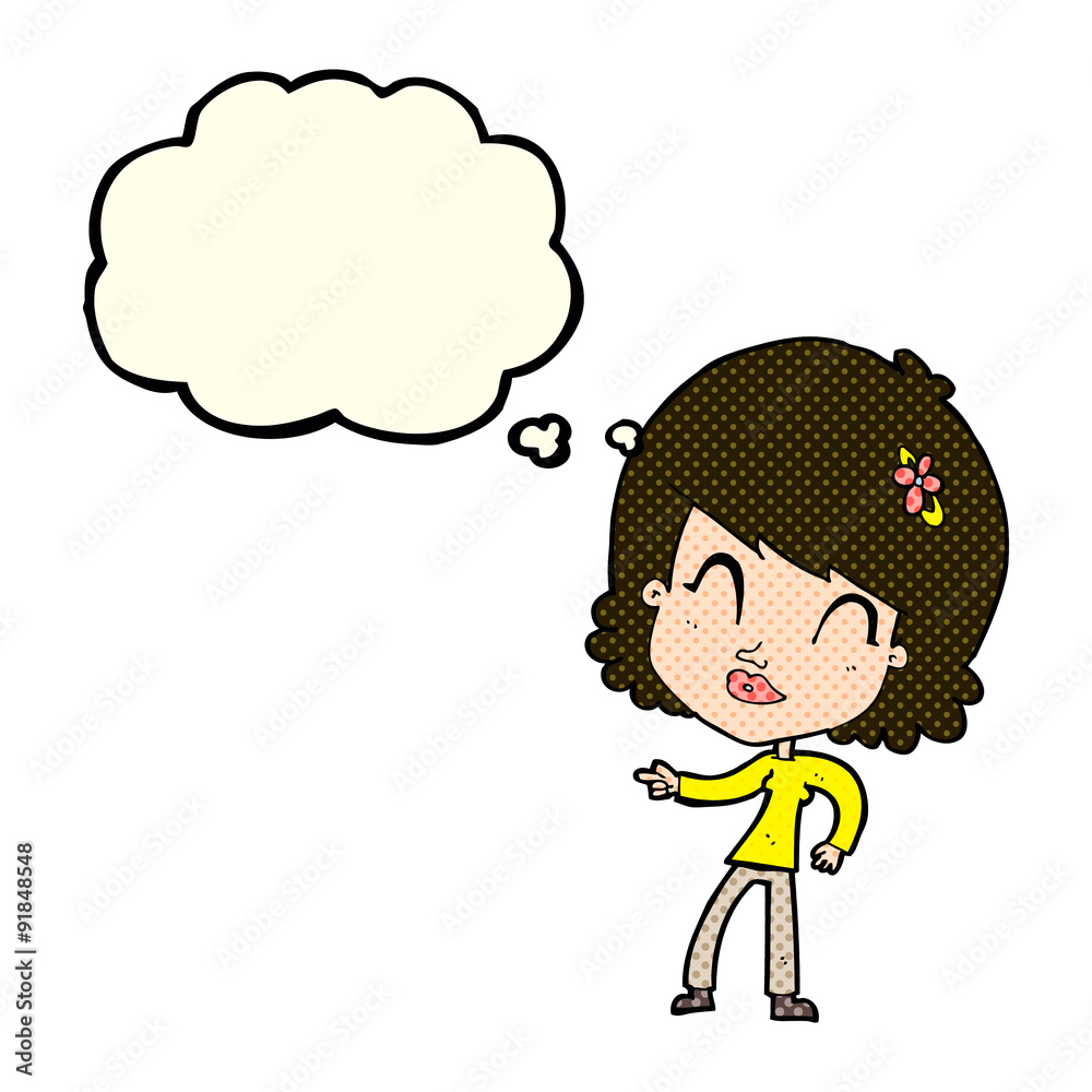 cartoon happy woman pointing with thought bubble cartoon happy woman pointing with thought bubble