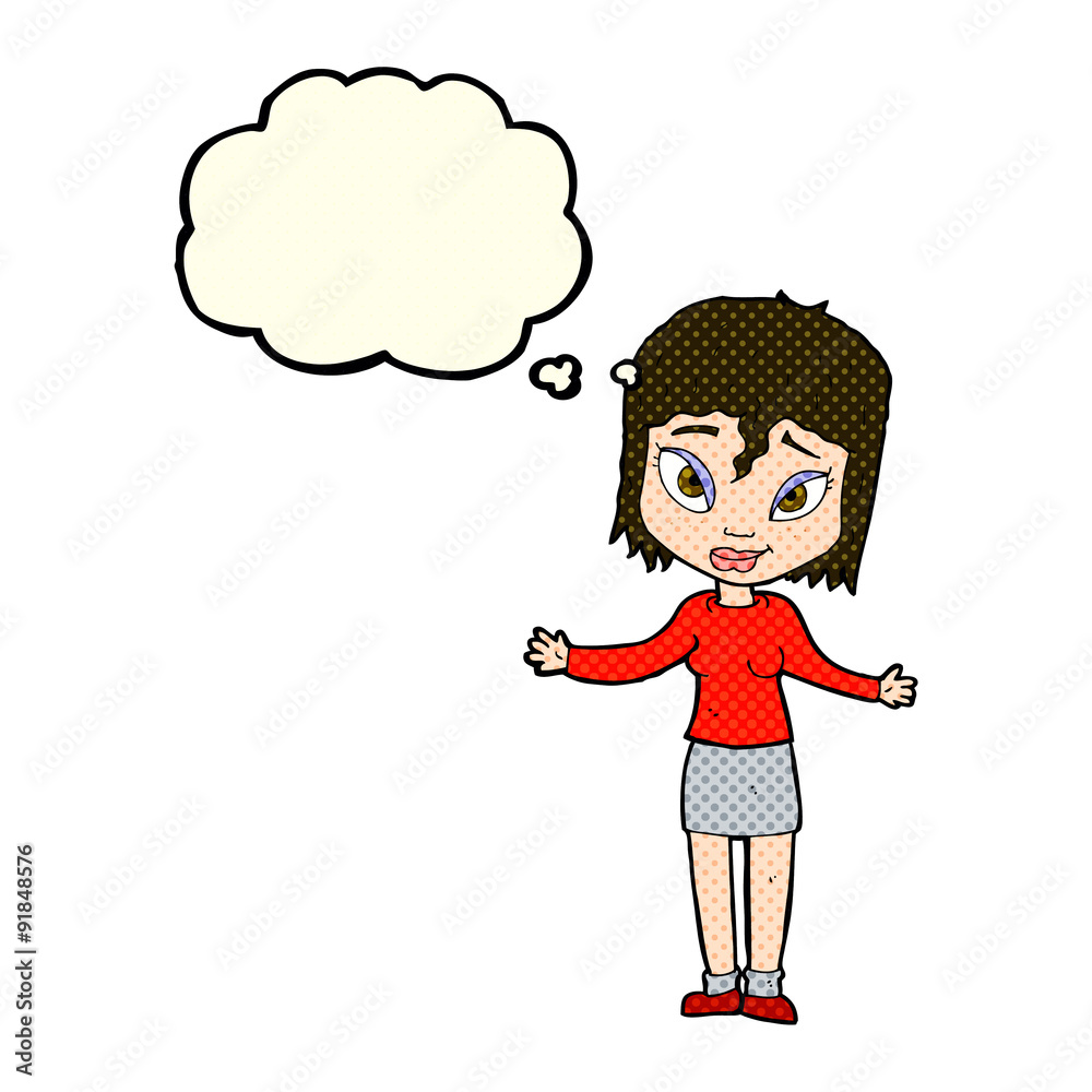 cartoon woman shrugging shoulders with thought bubble cartoon woman shrugging shoulders with thought bubble
