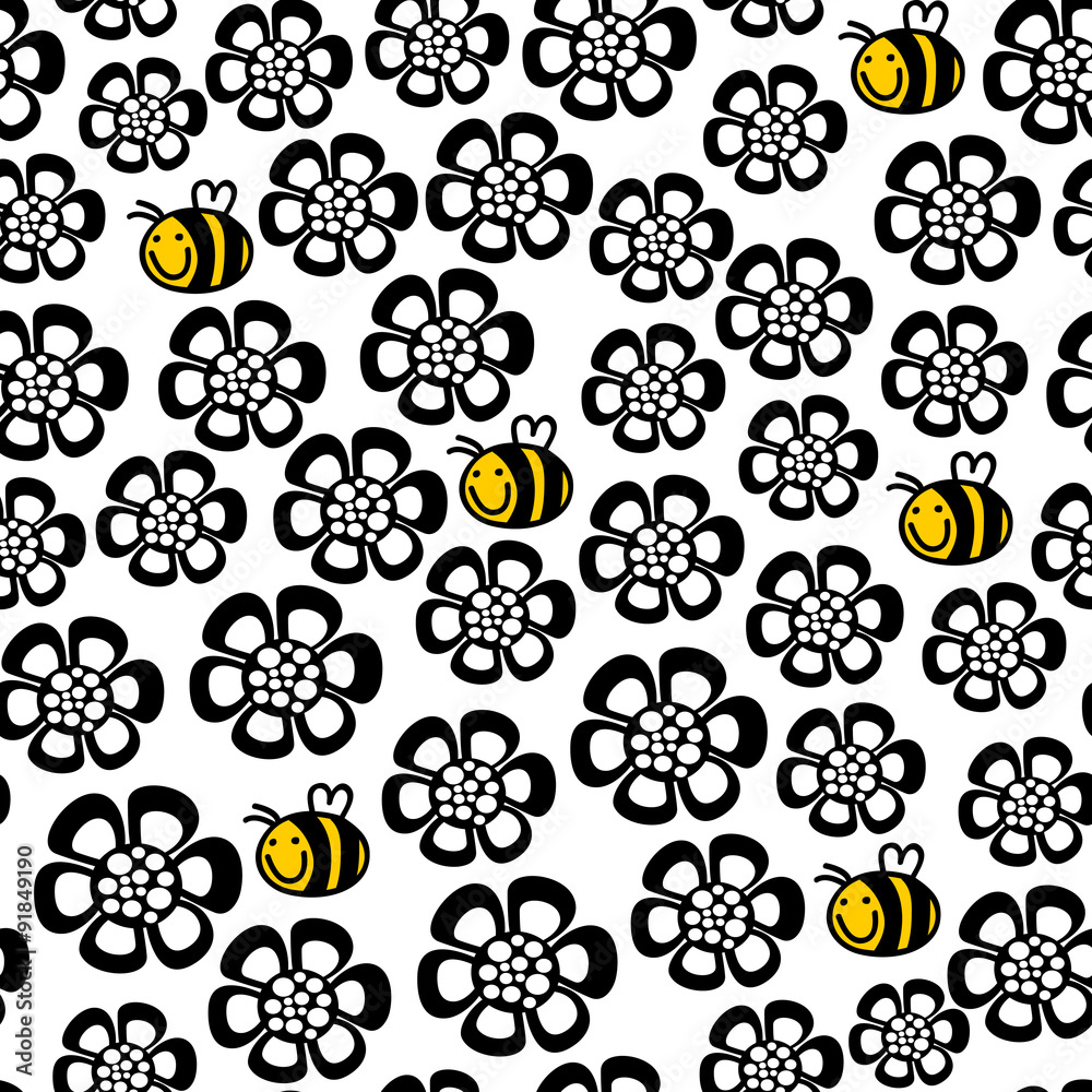 Seamless floral pattern with cartoon bee. Seamless floral pattern with cartoon bee.