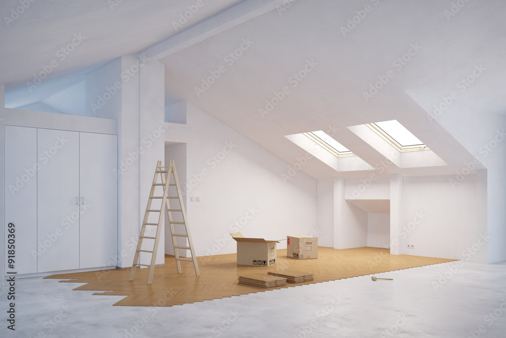 Ausbau vom Dachboden mit Parkett - obrazy, fototapety, plakaty 