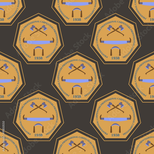 Logotype for construction and carpentry industries.  Design elements, objects and tools. Logo for natural log home builders and wood craftsmen. Vector illustration seamless pattern and wallpaper. 