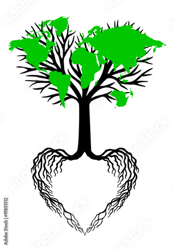 heart tree with green world map, vector