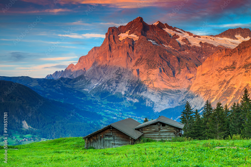 Alpine rural landscape with old wooden barn,Grindelwald,Switzerland,Europe