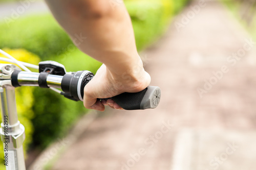 A guy riding on the bicycle on the pathway with beautiful bushes