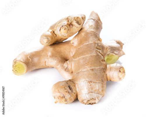 Fresh ginger root on white background.