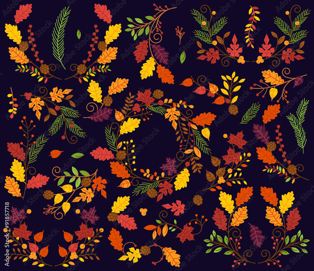 Naklejka premium Vector Collection of Vintage Style Autumn or Fall Flowers and Laurels