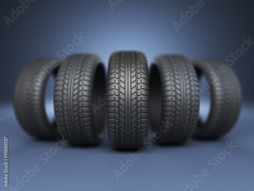 Row of rubber tire 3D, on blue background
