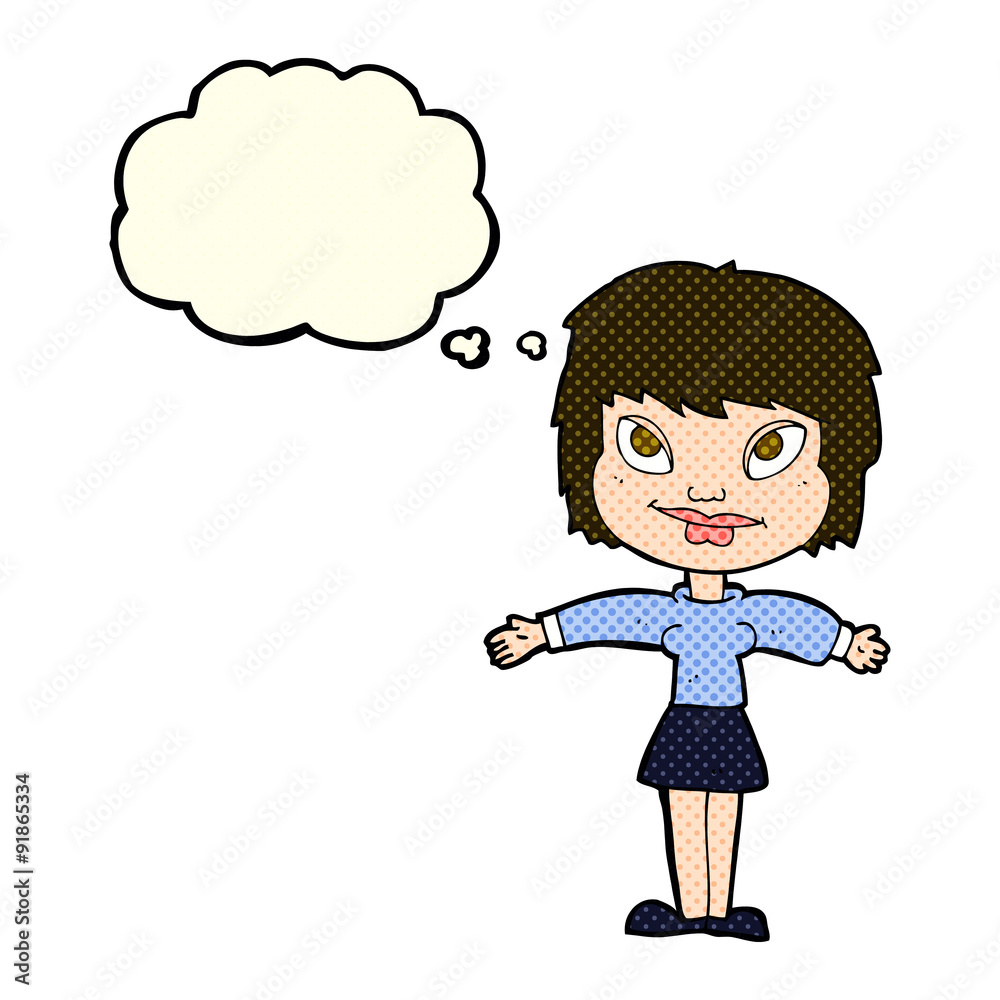 cartoon woman with open amrs with thought bubble