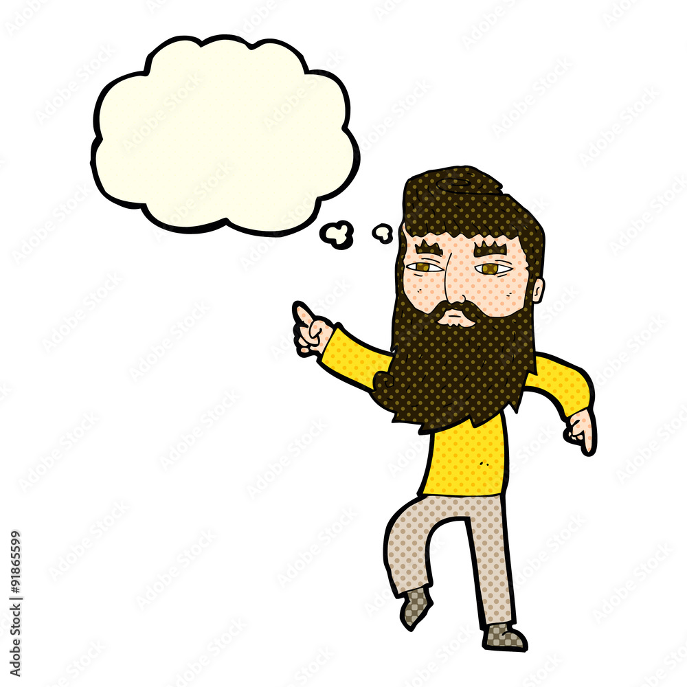 cartoon bearded man pointing the way with thought bubble