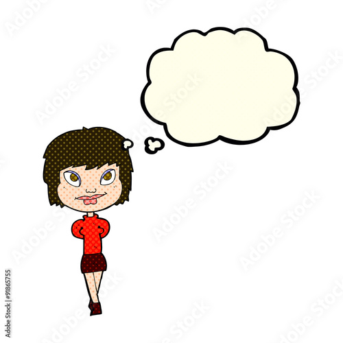 cartoon happy woman with thought bubble