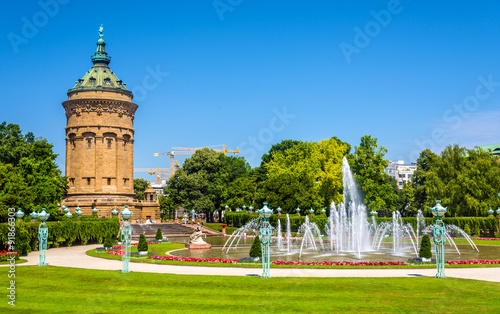 Fountain and Water Tower on Friedrichsplatz square in Mannheim -