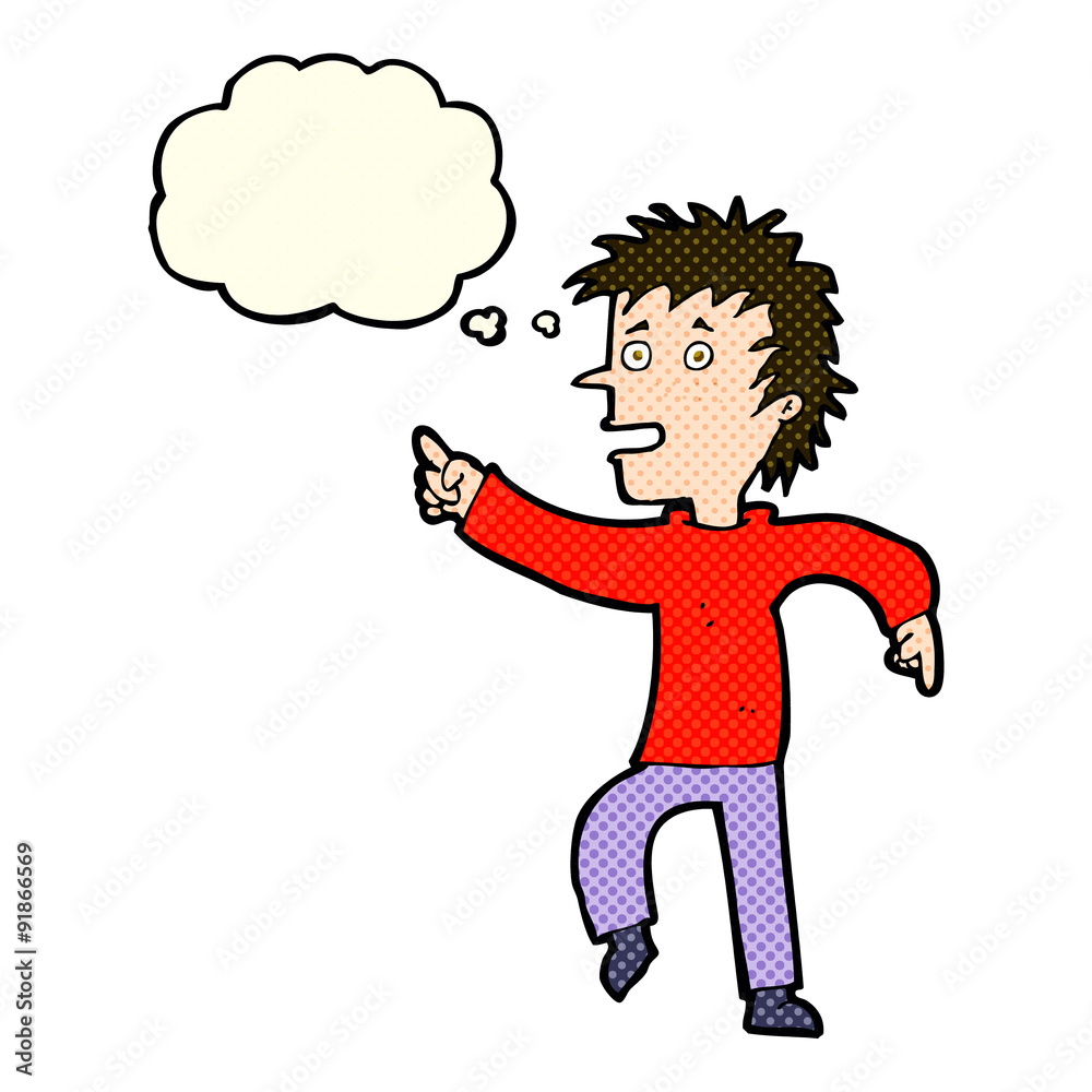 cartoon happy man pointing with thought bubble cartoon happy man pointing with thought bubble
