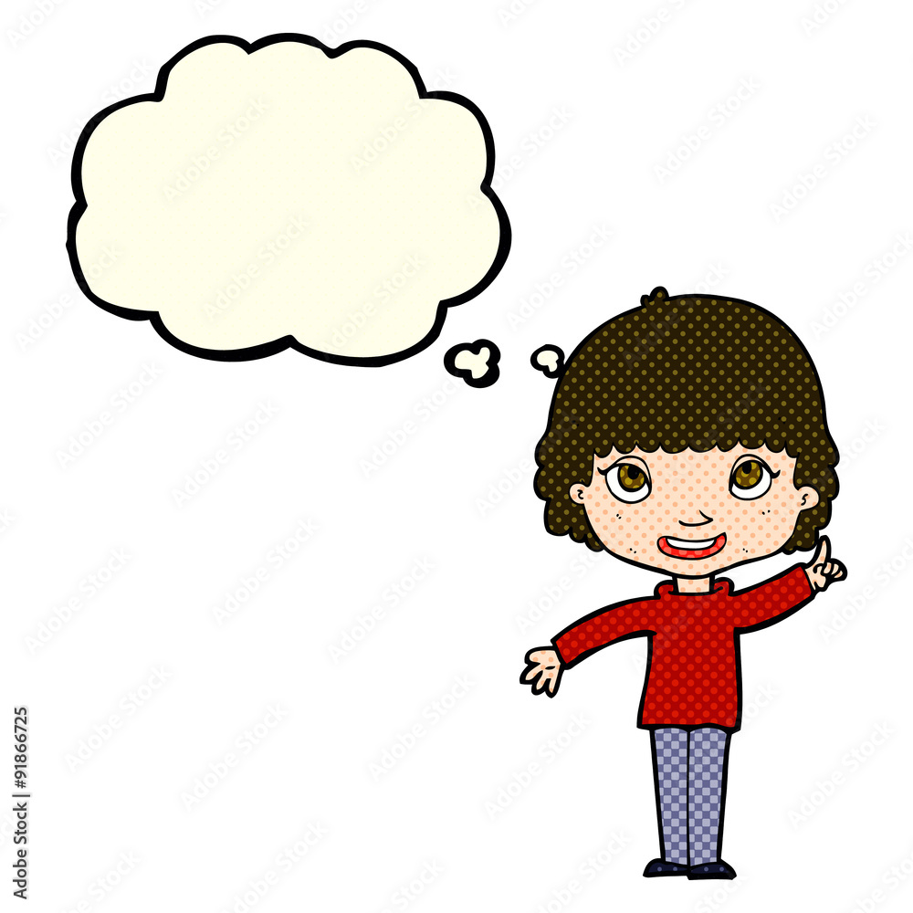 cartoon woman with idea with thought bubble cartoon woman with idea with thought bubble