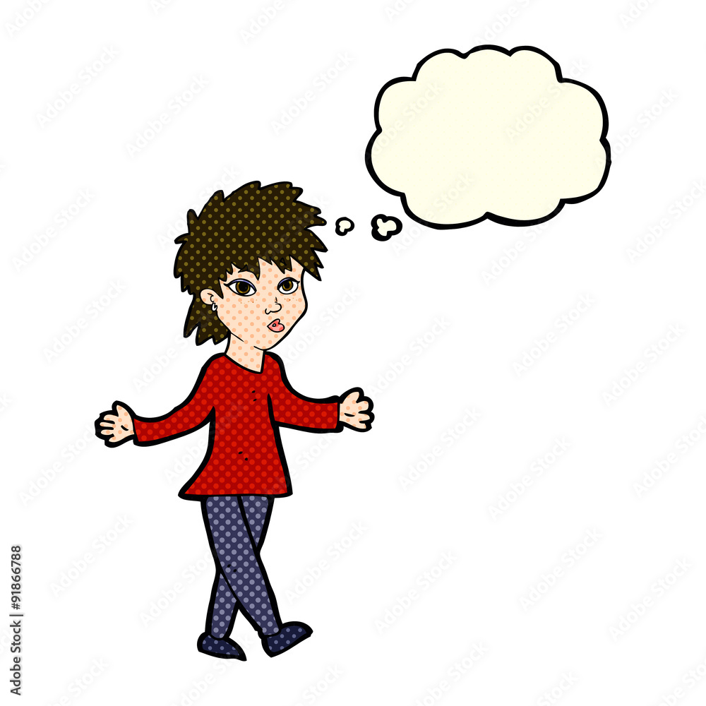 cartoon woman shrugging shoulders with thought bubble cartoon woman shrugging shoulders with thought bubble