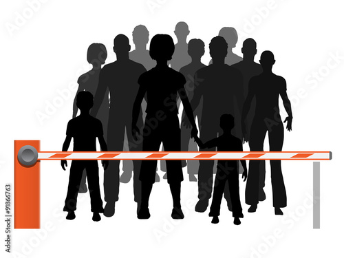 Men, women and children refugees are behind the barrier. Vector illustration about problem refugees which are not allowed.
