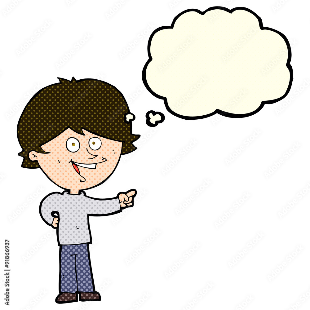 cartoon boy laughing and pointing with thought bubble cartoon boy laughing and pointing with thought bubble