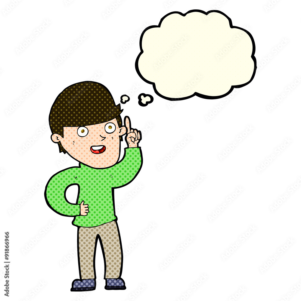 cartoon boy with idea with thought bubble cartoon boy with idea with thought bubble