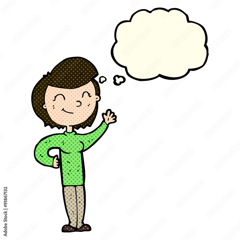 cartoon friendly waving woman with thought bubble cartoon friendly waving woman with thought bubble