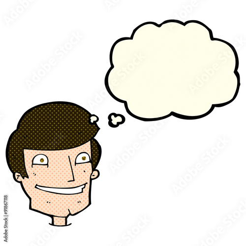 cartoon grinning man with thought bubble