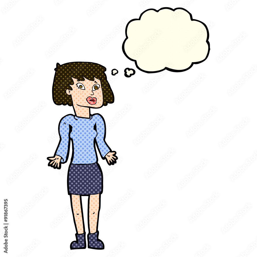 cartoon woman shrugging shoulders with thought bubble cartoon woman shrugging shoulders with thought bubble