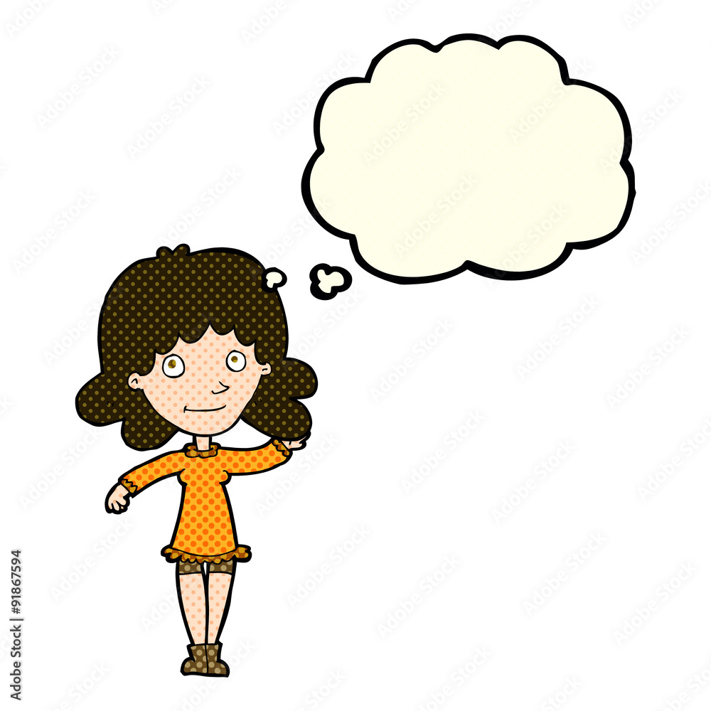 cartoon friendly woman waving with thought bubble cartoon friendly woman waving with thought bubble