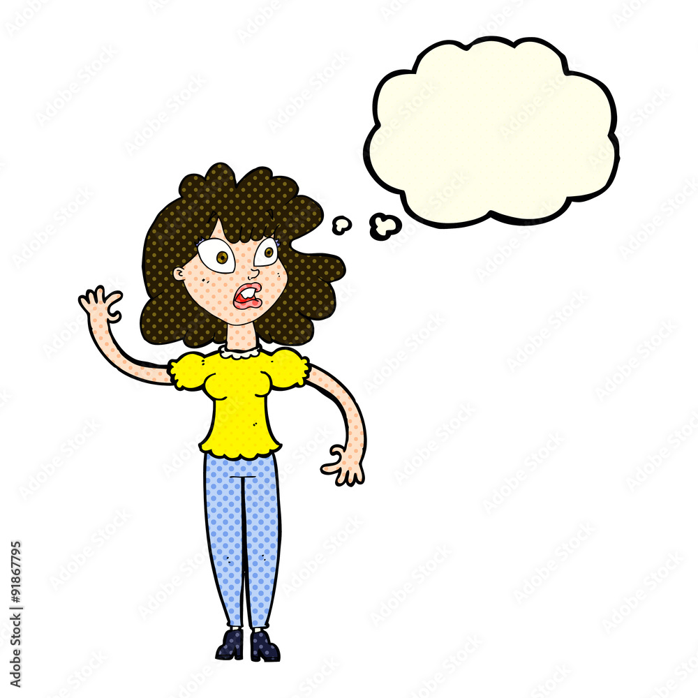 cartoon worried woman waving with thought bubble cartoon worried woman waving with thought bubble