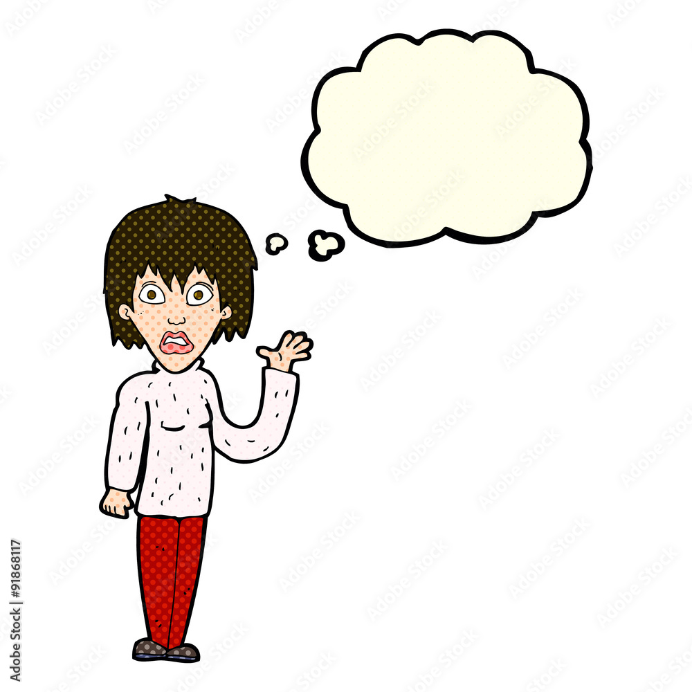 cartoon shocked woman waving hand with thought bubble cartoon shocked woman waving hand with thought bubble