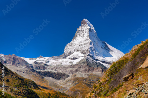 Matterhorn against blue sky in Swiss Alps