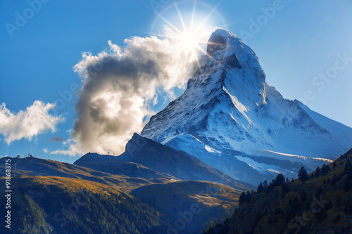 Matterhorn against sunset in Swiss Alps