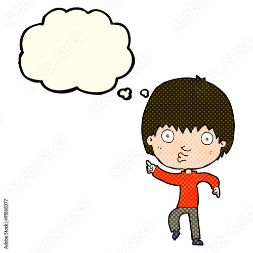 cartoon impressed boy pointing with thought bubble